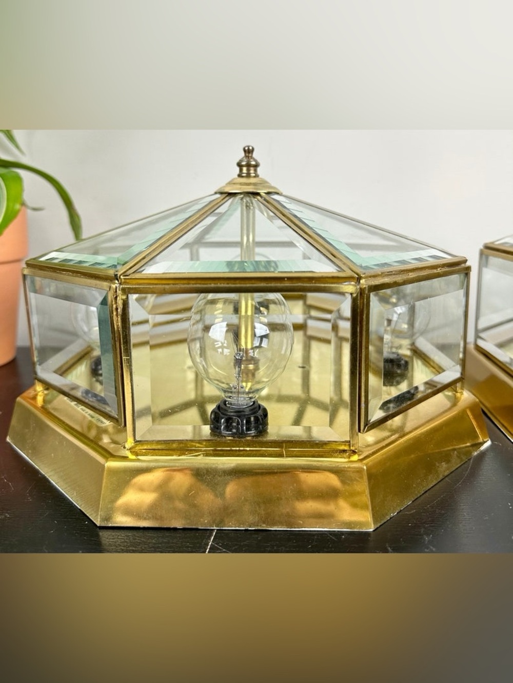 Vintage Brass Beveled Glass Octagonal Ceiling Light Fixture Flush Mount 4-Light